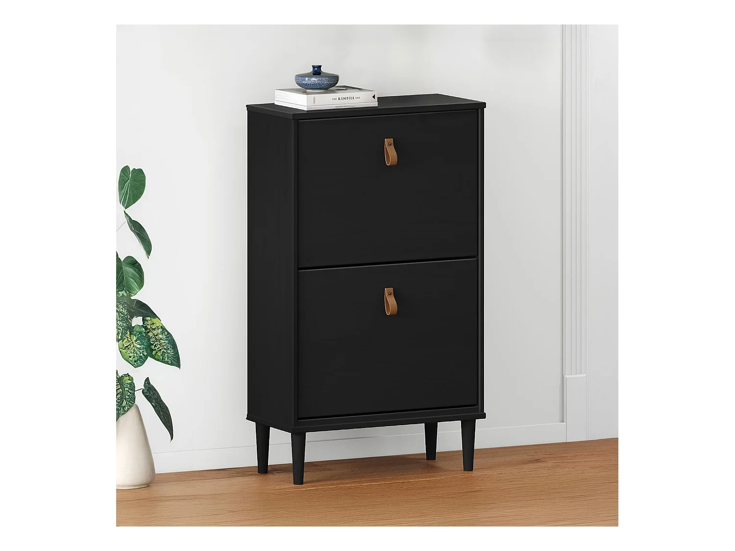 Meuble à chaussures entrée Mikka 2 abattants en bois massif noir pour jusqu'à 10 paires 59 x 96 x 25 cm