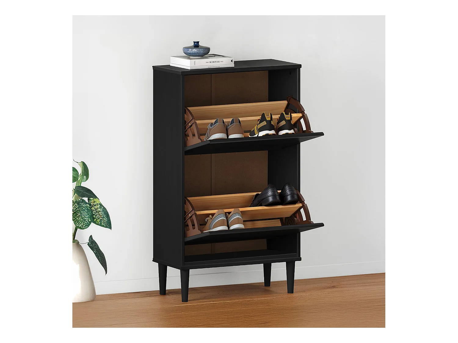 Meuble à chaussures entrée Mikka 2 abattants en bois massif noir pour jusqu'à 10 paires 59 x 96 x 25 cm