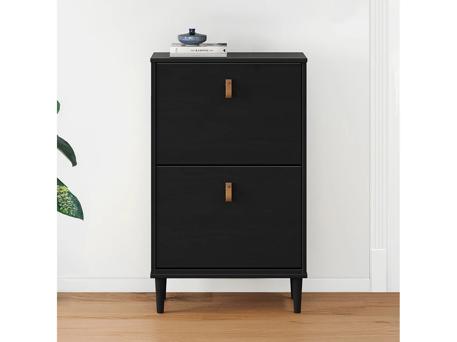 Meuble à chaussures entrée Mikka 2 abattants en bois massif noir pour jusqu'à 10 paires 59 x 96 x 25 cm