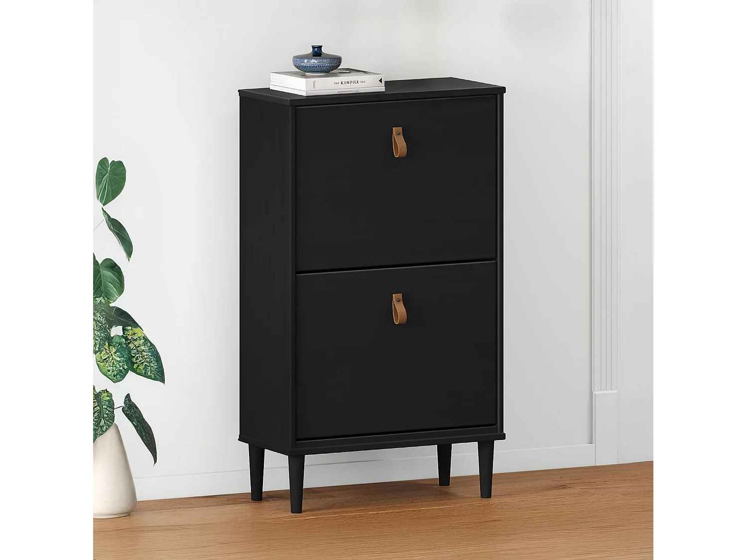 Meuble à chaussures entrée Mikka 2 abattants en bois massif noir pour jusqu'à 10 paires 59 x 96 x 25 cm