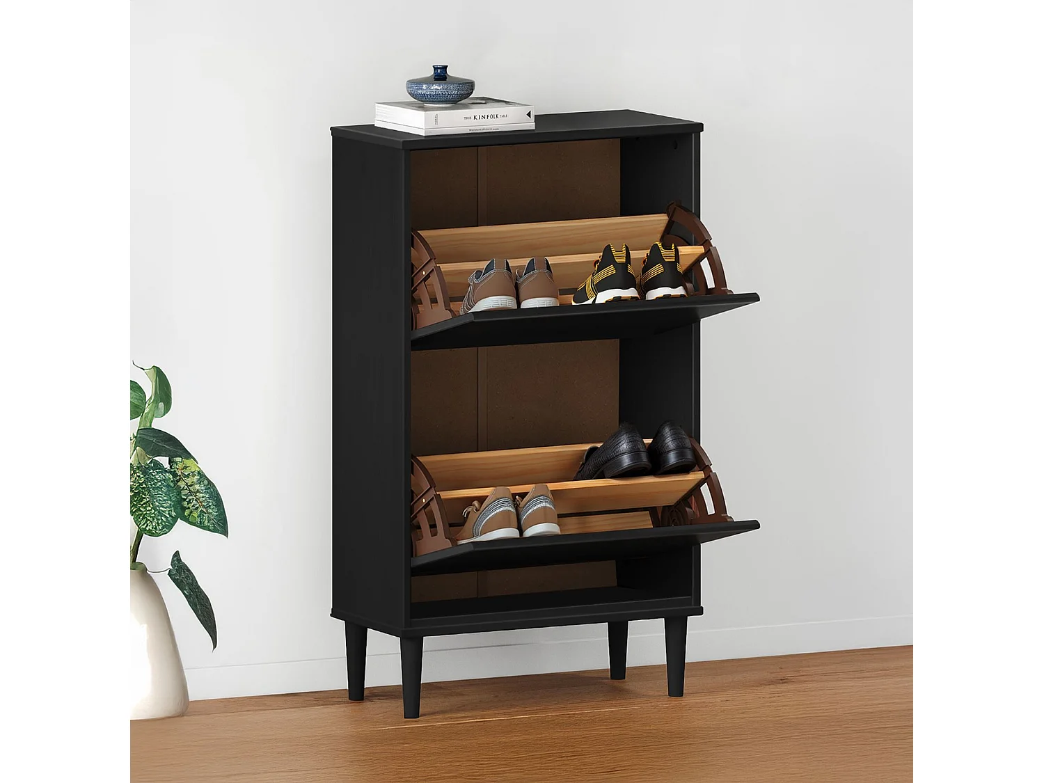 Meuble à chaussures entrée Mikka 2 abattants en bois massif noir pour jusqu'à 10 paires 59 x 96 x 25 cm