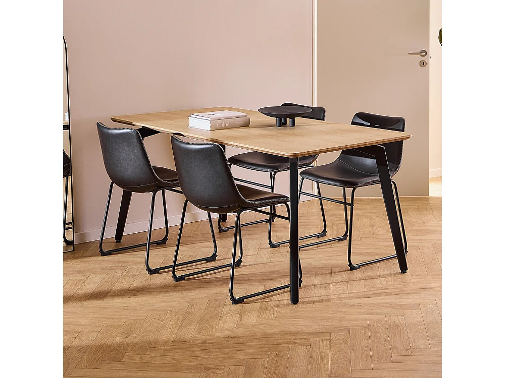 Lunka - Table à manger 4 personnes en bois et métal - Bois clair