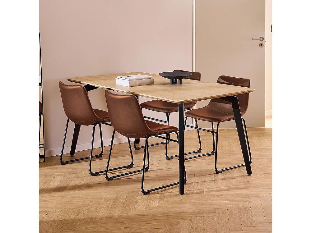 Lunka - Table à manger 4 personnes en bois et métal - Bois clair