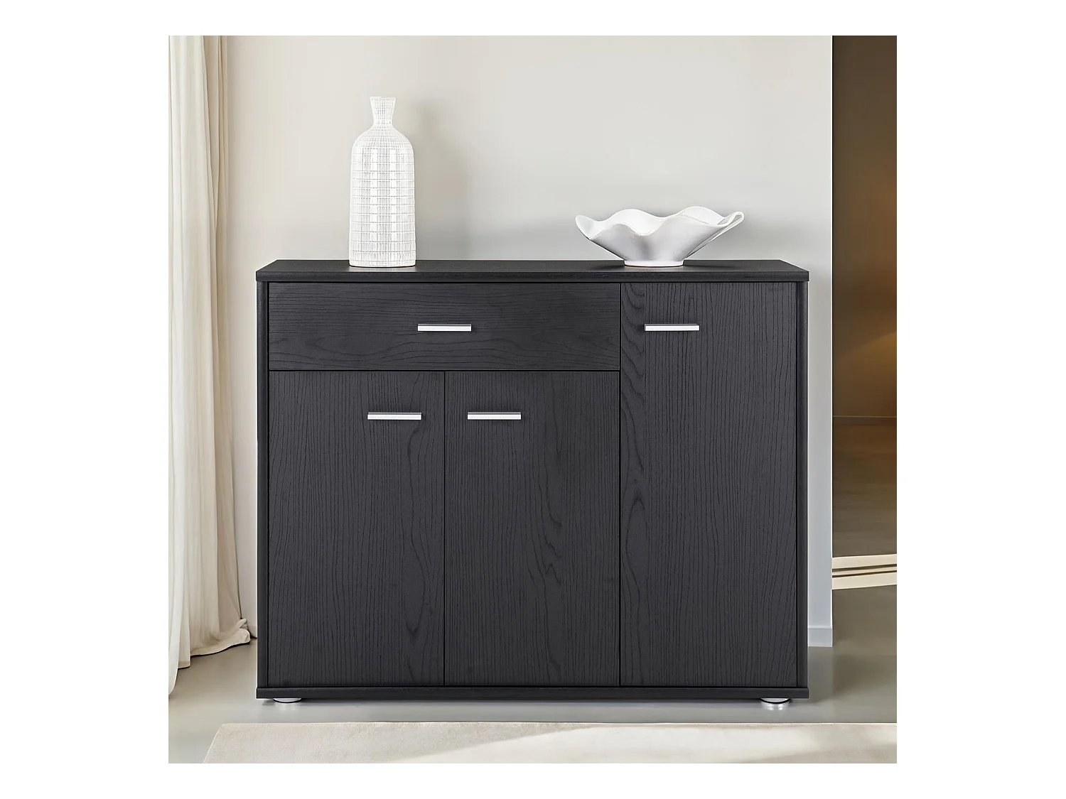 Buffet salle à manger CORALINE L 88 cm en bois massif coloris frêne noir avec 1 tiroir et 3 portes