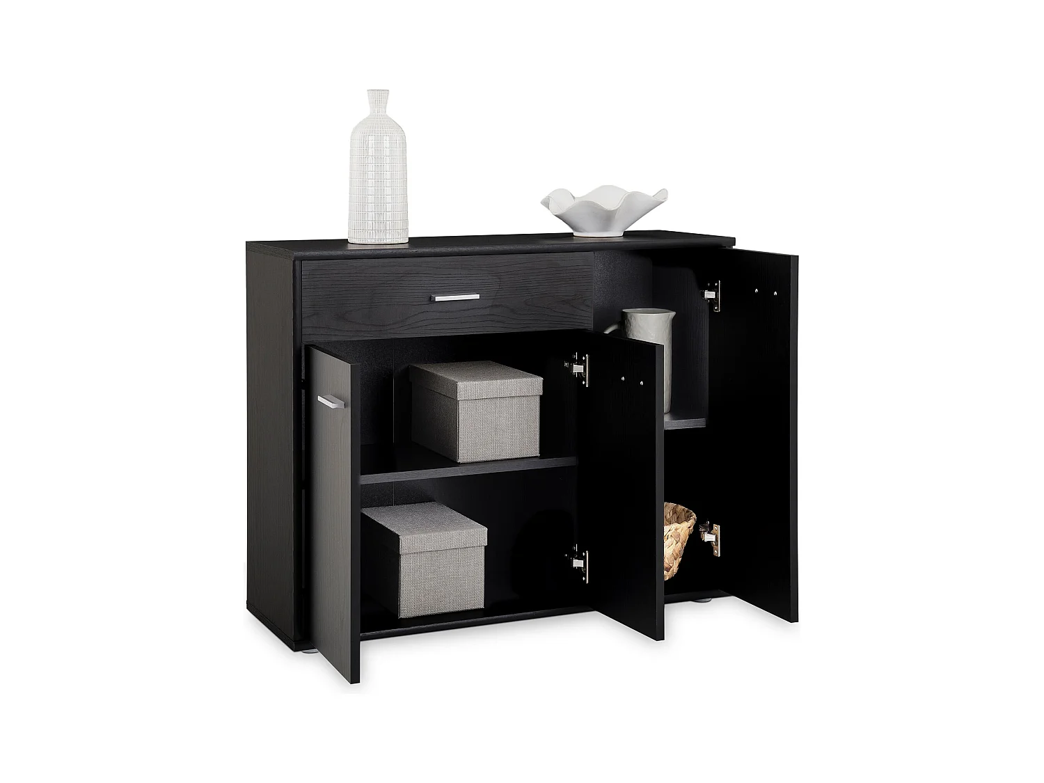 Buffet salle à manger CORALINE L 88 cm en bois massif coloris frêne noir avec 1 tiroir et 3 portes