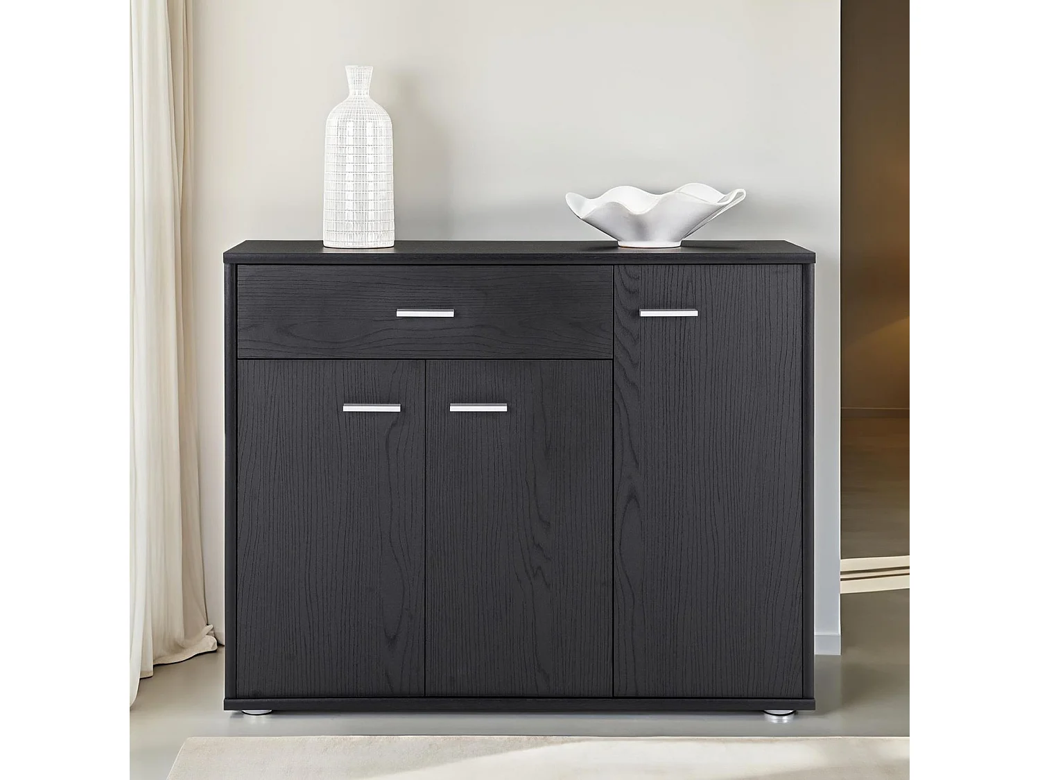 Buffet salle à manger CORALINE L 88 cm en bois massif coloris frêne noir avec 1 tiroir et 3 portes