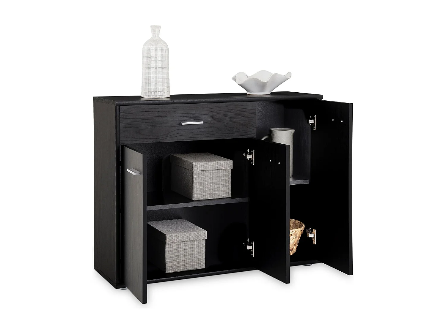 Buffet salle à manger CORALINE L 88 cm en bois massif coloris frêne noir avec 1 tiroir et 3 portes