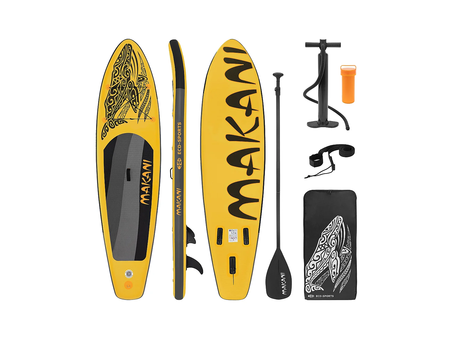 Planche stand up Makani 320x80x15 cm jaune PVC gonflable jusqu'à 120kg revêtement antidérapant avec pompe sac de transport kit de réparation pagaie