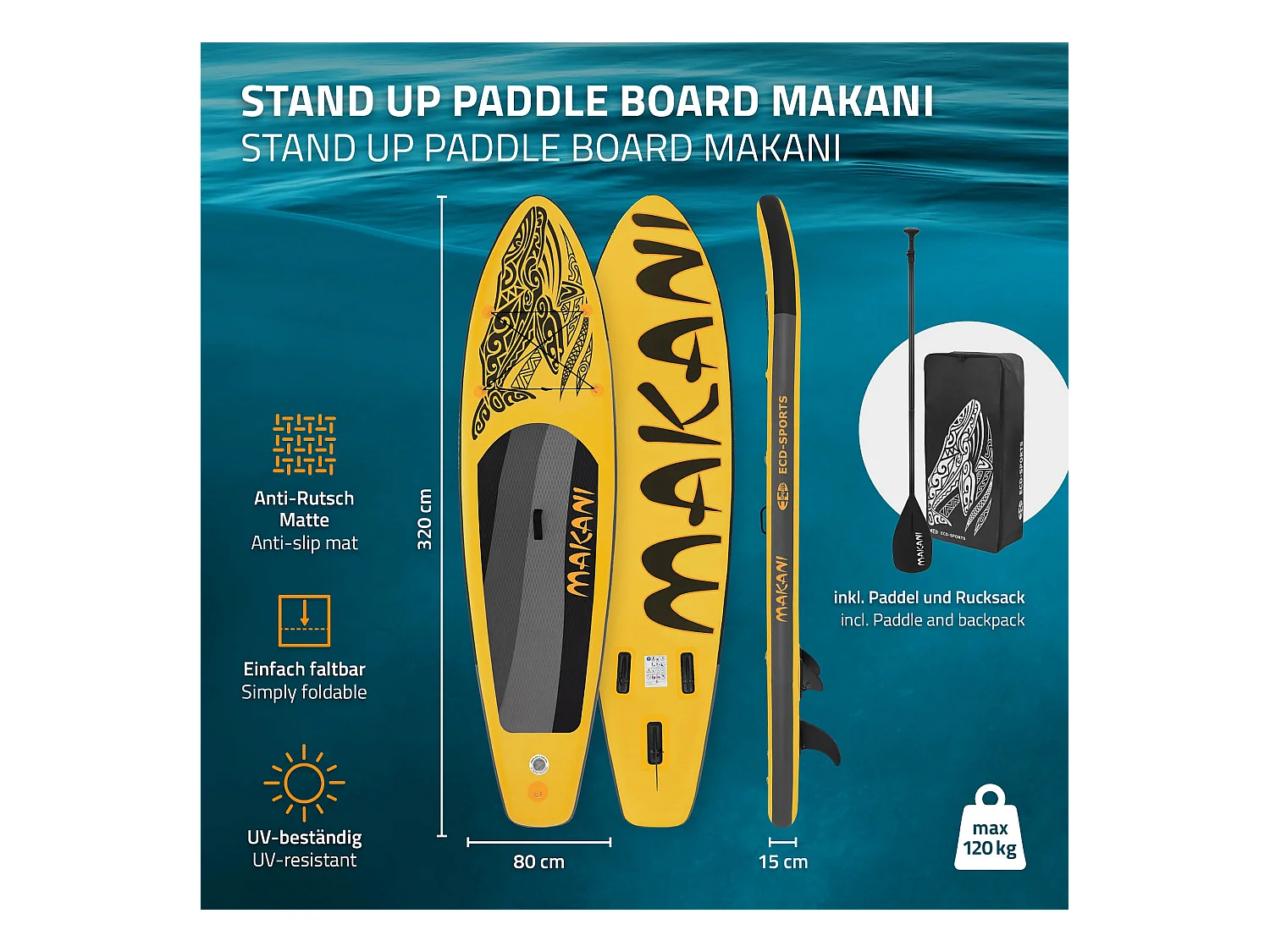 Planche stand up Makani 320x80x15 cm jaune PVC gonflable jusqu'à 120kg revêtement antidérapant avec pompe sac de transport kit de réparation pagaie