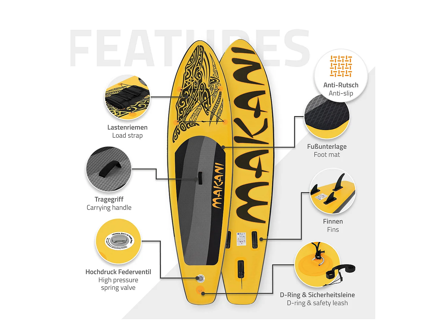 Planche stand up Makani 320x80x15 cm jaune PVC gonflable jusqu'à 120kg revêtement antidérapant avec pompe sac de transport kit de réparation pagaie