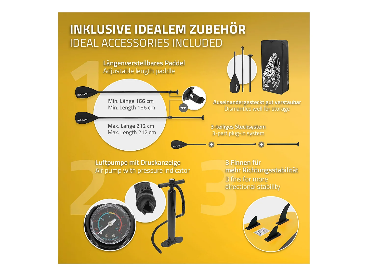 Planche stand up Makani 320x80x15 cm jaune PVC gonflable jusqu'à 120kg revêtement antidérapant avec pompe sac de transport kit de réparation pagaie