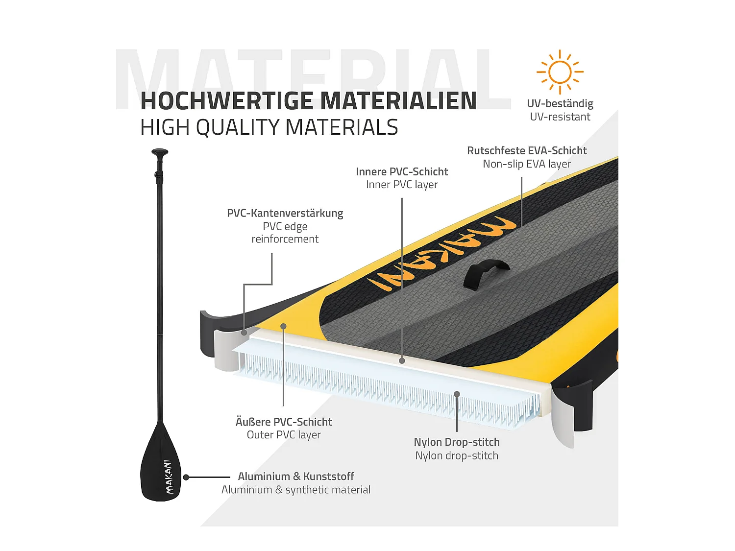 Planche stand up Makani 320x80x15 cm jaune PVC gonflable jusqu'à 120kg revêtement antidérapant avec pompe sac de transport kit de réparation pagaie
