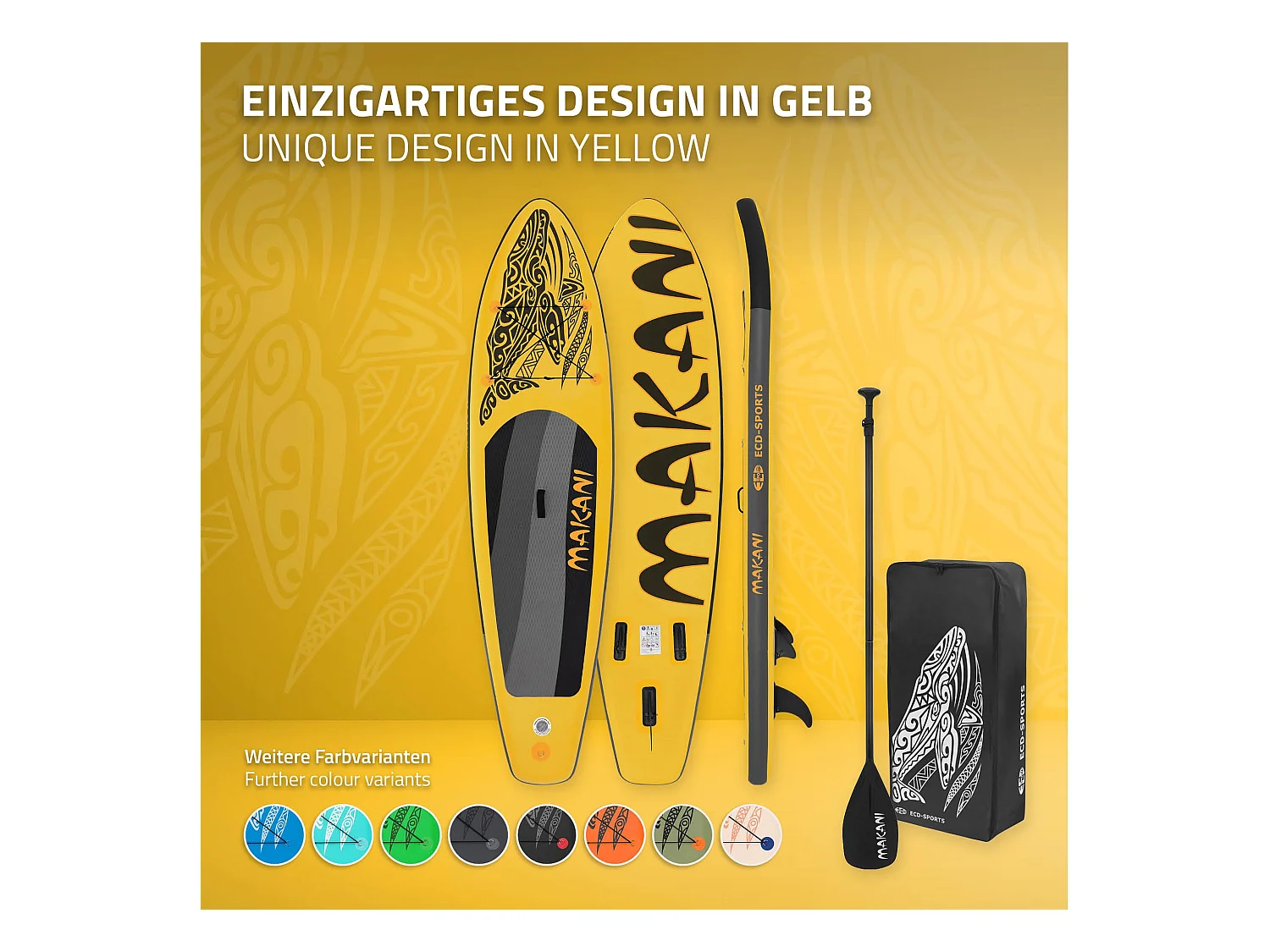 Planche stand up Makani 320x80x15 cm jaune PVC gonflable jusqu'à 120kg revêtement antidérapant avec pompe sac de transport kit de réparation pagaie