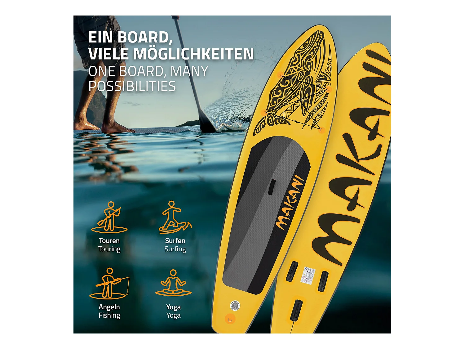 Planche stand up Makani 320x80x15 cm jaune PVC gonflable jusqu'à 120kg revêtement antidérapant avec pompe sac de transport kit de réparation pagaie