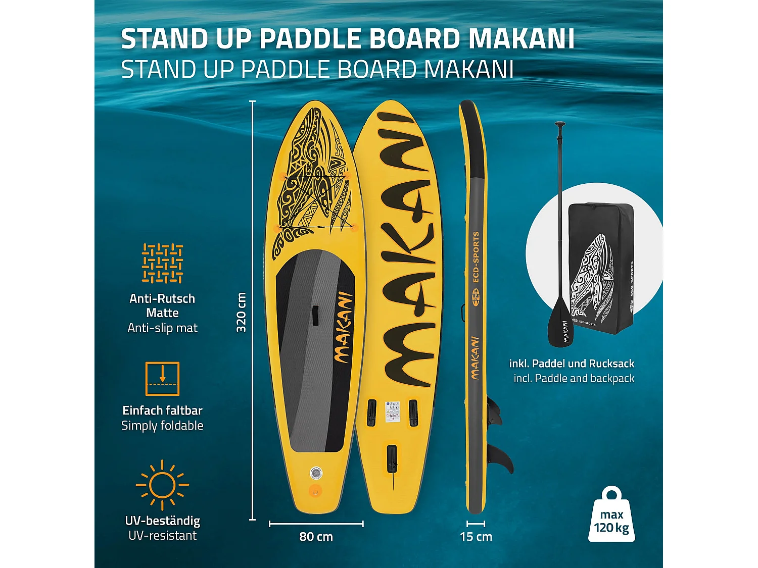 ECD Germany Tabla hinchable de paddle surf SUP Makani 320 x 80 x 15 cm de PVC color amarillo con bomba de aire, bolsa de transporte y accesorios