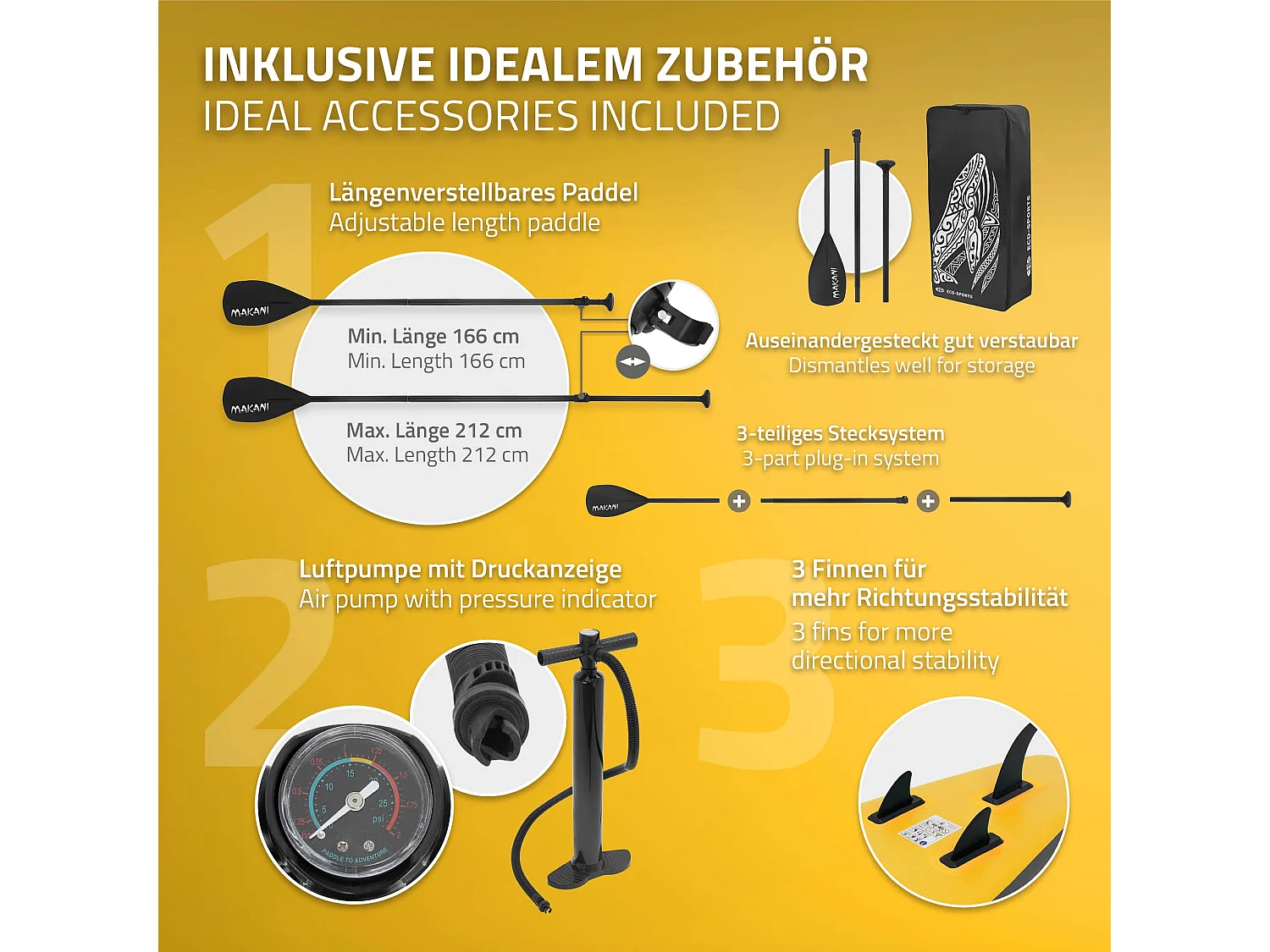 ECD Germany Tabla hinchable de paddle surf SUP Makani 320 x 80 x 15 cm de PVC color amarillo con bomba de aire, bolsa de transporte y accesorios