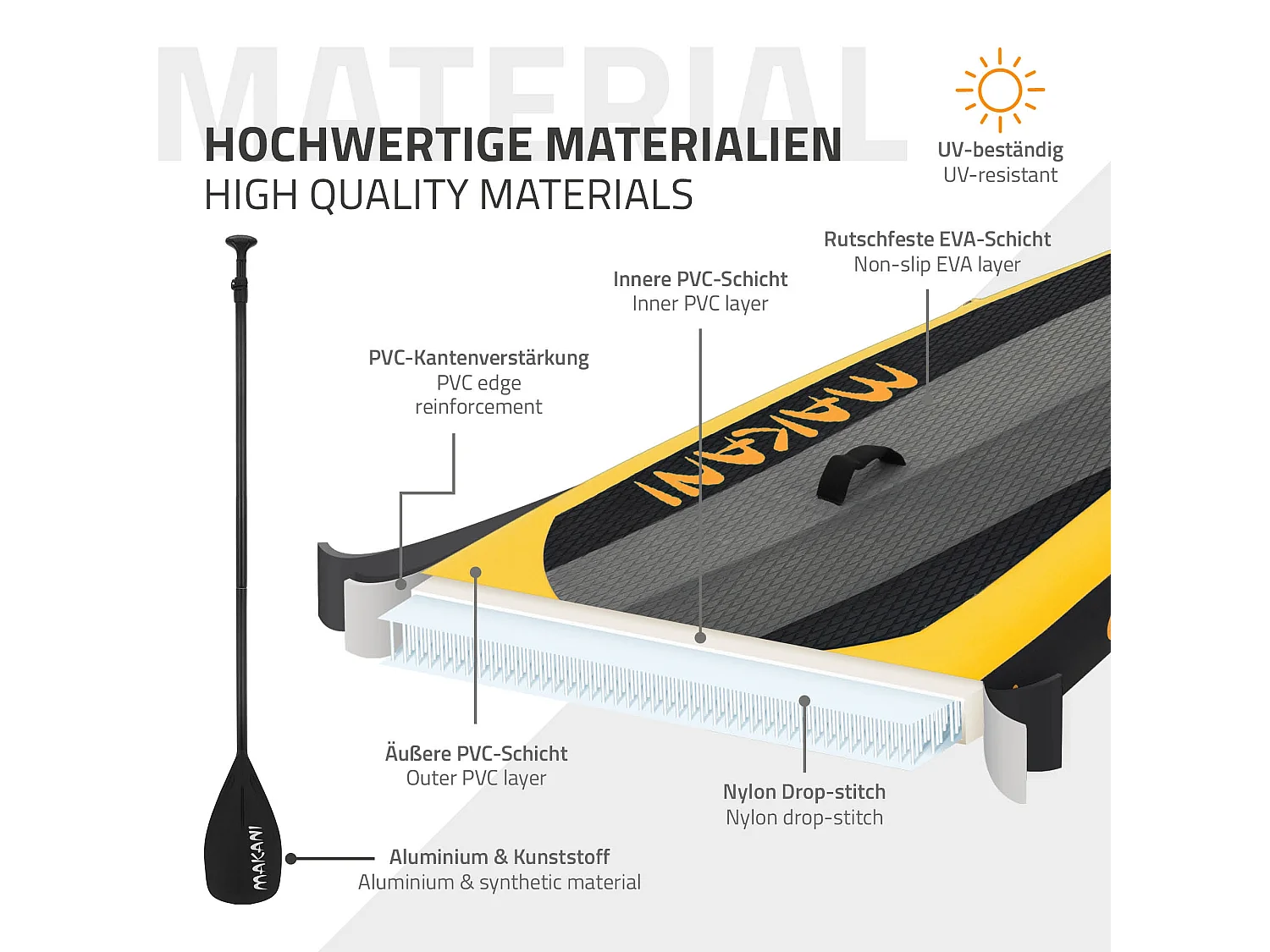ECD Germany Tabla hinchable de paddle surf SUP Makani 320 x 80 x 15 cm de PVC color amarillo con bomba de aire, bolsa de transporte y accesorios