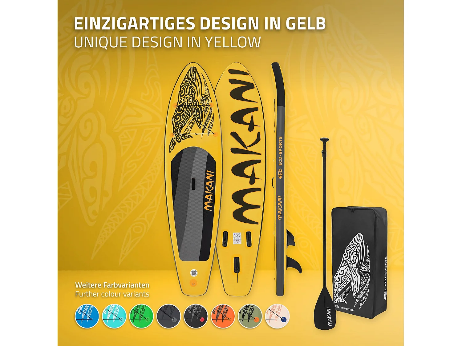 ECD Germany Tabla hinchable de paddle surf SUP Makani 320 x 80 x 15 cm de PVC color amarillo con bomba de aire, bolsa de transporte y accesorios