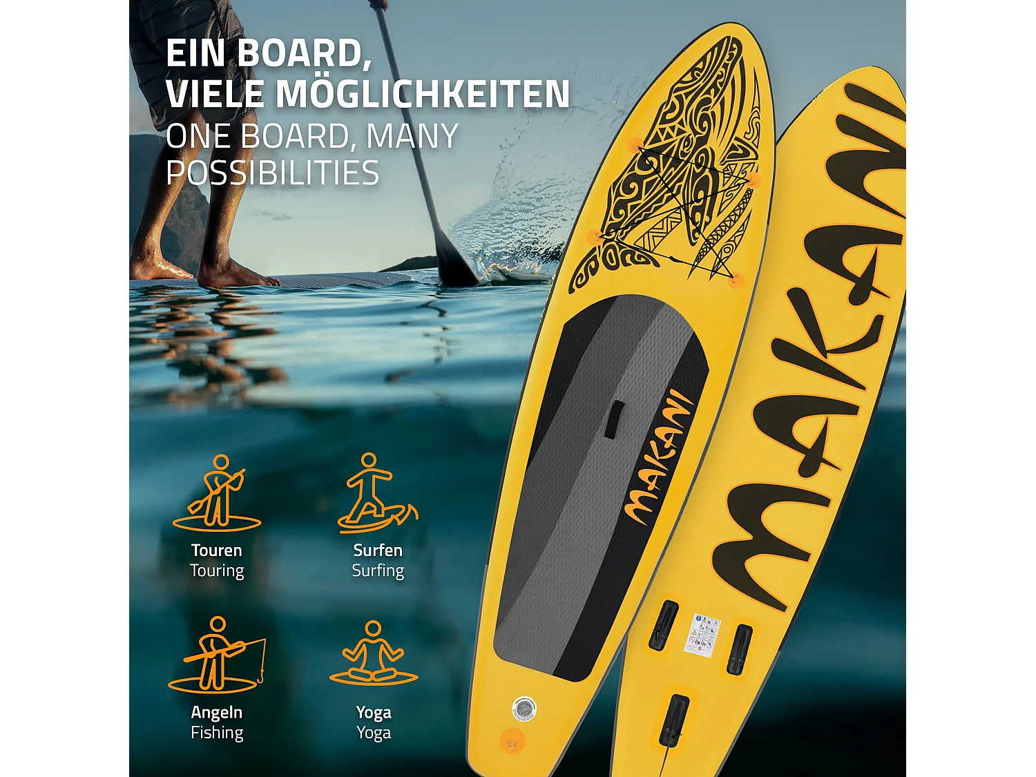 ECD Germany Tabla hinchable de paddle surf SUP Makani 320 x 80 x 15 cm de PVC color amarillo con bomba de aire, bolsa de transporte y accesorios
