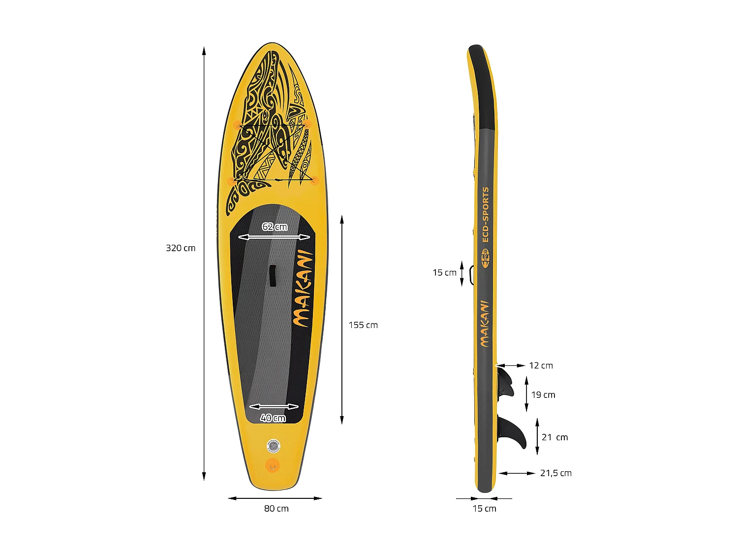 ECD Germany Tabla hinchable de paddle surf SUP Makani 320 x 80 x 15 cm de PVC color amarillo con bomba de aire, bolsa de transporte y accesorios