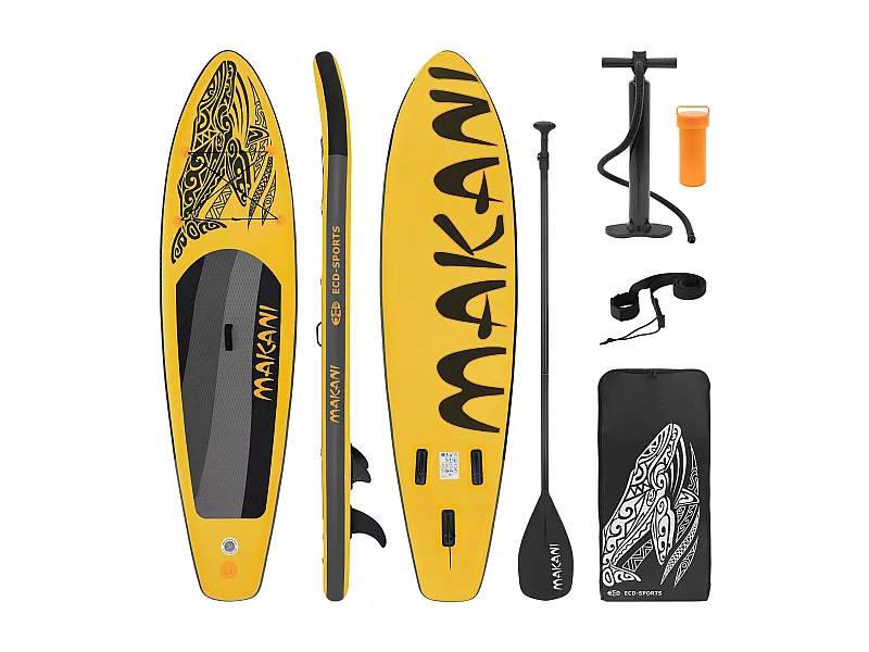 Planche stand up Makani 320x80x15 cm jaune PVC gonflable jusqu'à 120kg revêtement antidérapant avec pompe sac de transport kit de réparation pagaie