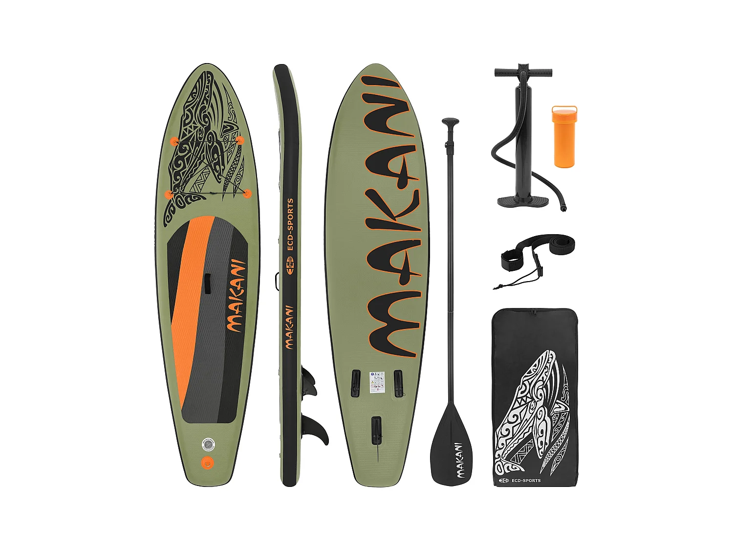 Planche stand up Makani 320x80x15 cm olive PVC gonflable jusqu'à 120kg revêtement antidérapant avec pompe sac de transport kit de réparation pagaie