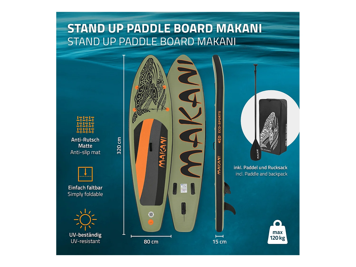 Planche stand up Makani 320x80x15 cm olive PVC gonflable jusqu'à 120kg revêtement antidérapant avec pompe sac de transport kit de réparation pagaie