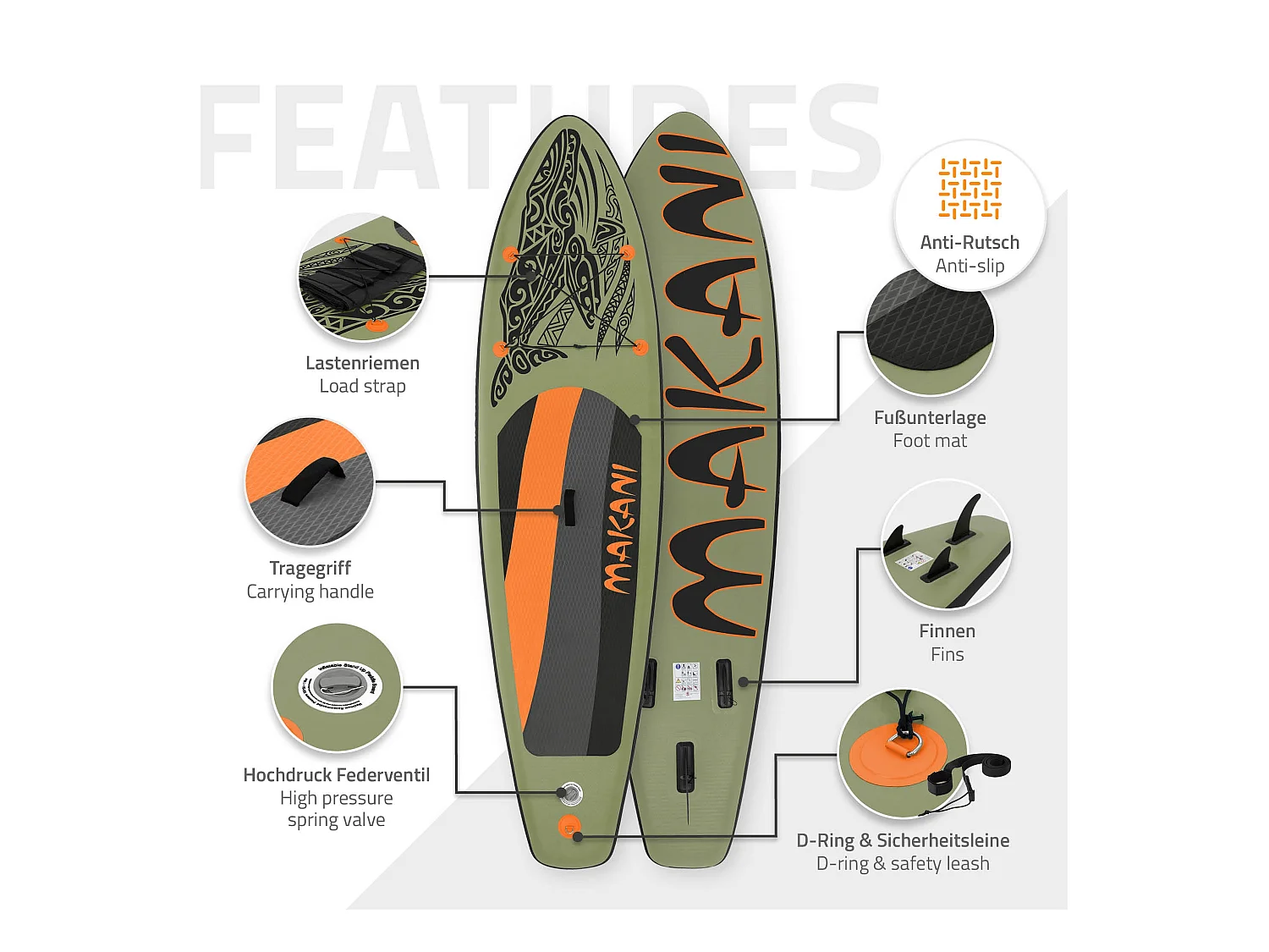 Planche stand up Makani 320x80x15 cm olive PVC gonflable jusqu'à 120kg revêtement antidérapant avec pompe sac de transport kit de réparation pagaie