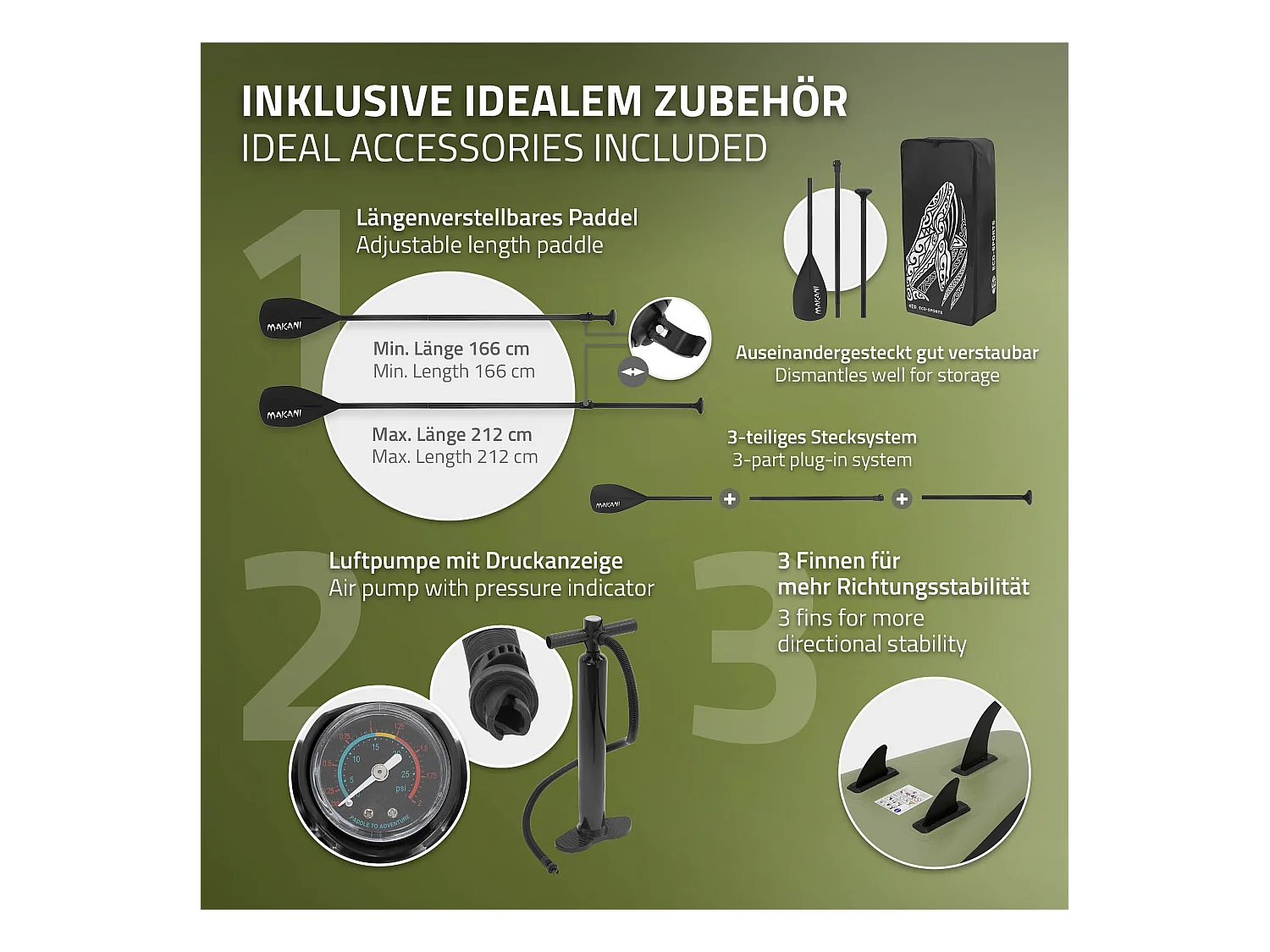 Planche stand up Makani 320x80x15 cm olive PVC gonflable jusqu'à 120kg revêtement antidérapant avec pompe sac de transport kit de réparation pagaie