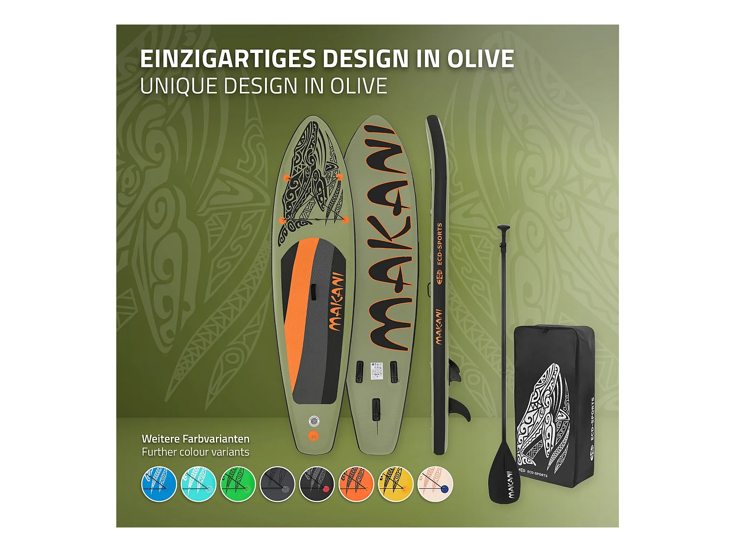 Planche stand up Makani 320x80x15 cm olive PVC gonflable jusqu'à 120kg revêtement antidérapant avec pompe sac de transport kit de réparation pagaie