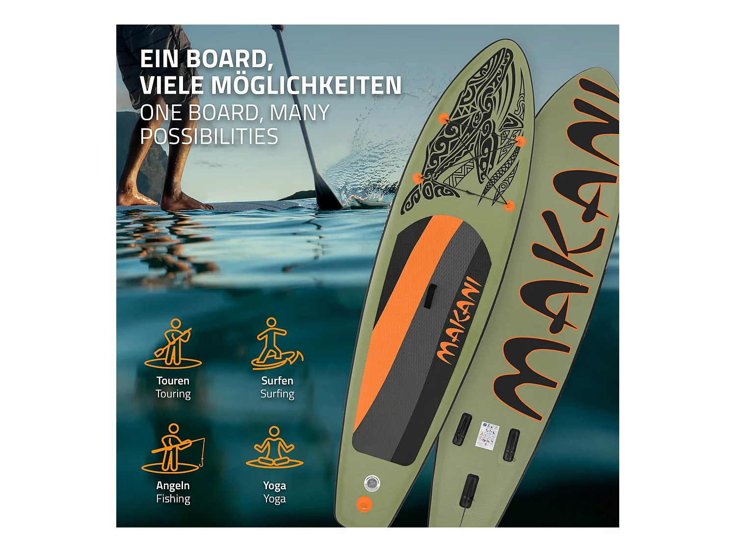 Planche stand up Makani 320x80x15 cm olive PVC gonflable jusqu'à 120kg revêtement antidérapant avec pompe sac de transport kit de réparation pagaie