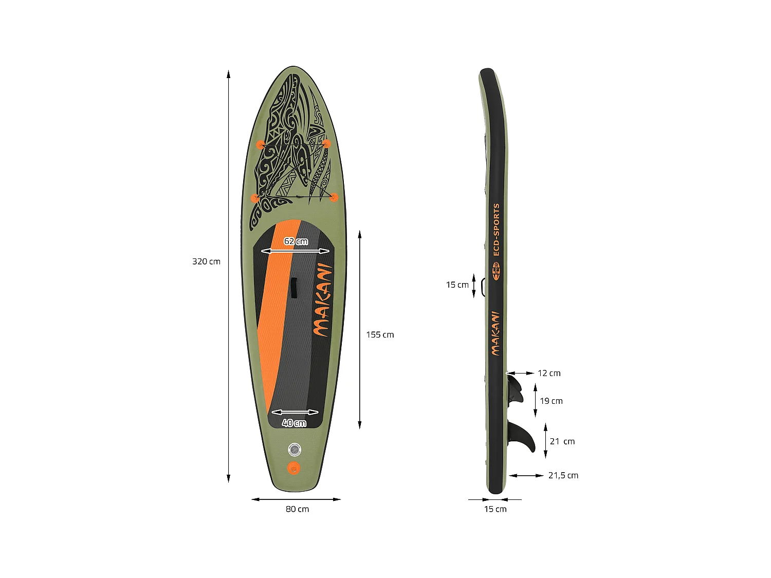 Planche stand up Makani 320x80x15 cm olive PVC gonflable jusqu'à 120kg revêtement antidérapant avec pompe sac de transport kit de réparation pagaie