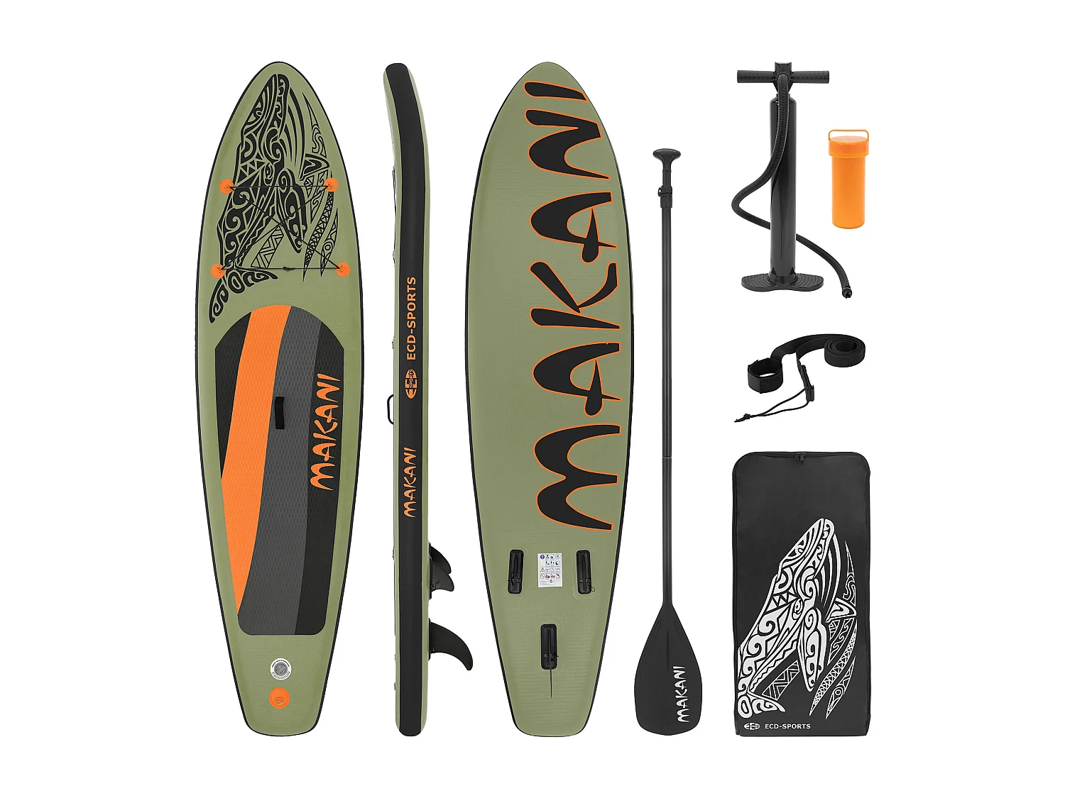 Planche stand up Makani 320x80x15 cm olive PVC gonflable jusqu'à 120kg revêtement antidérapant avec pompe sac de transport kit de réparation pagaie