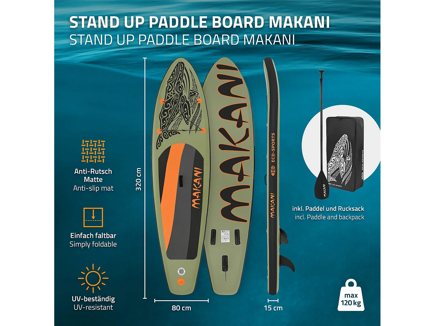 Planche stand up Makani 320x80x15 cm olive PVC gonflable jusqu'à 120kg revêtement antidérapant avec pompe sac de transport kit de réparation pagaie