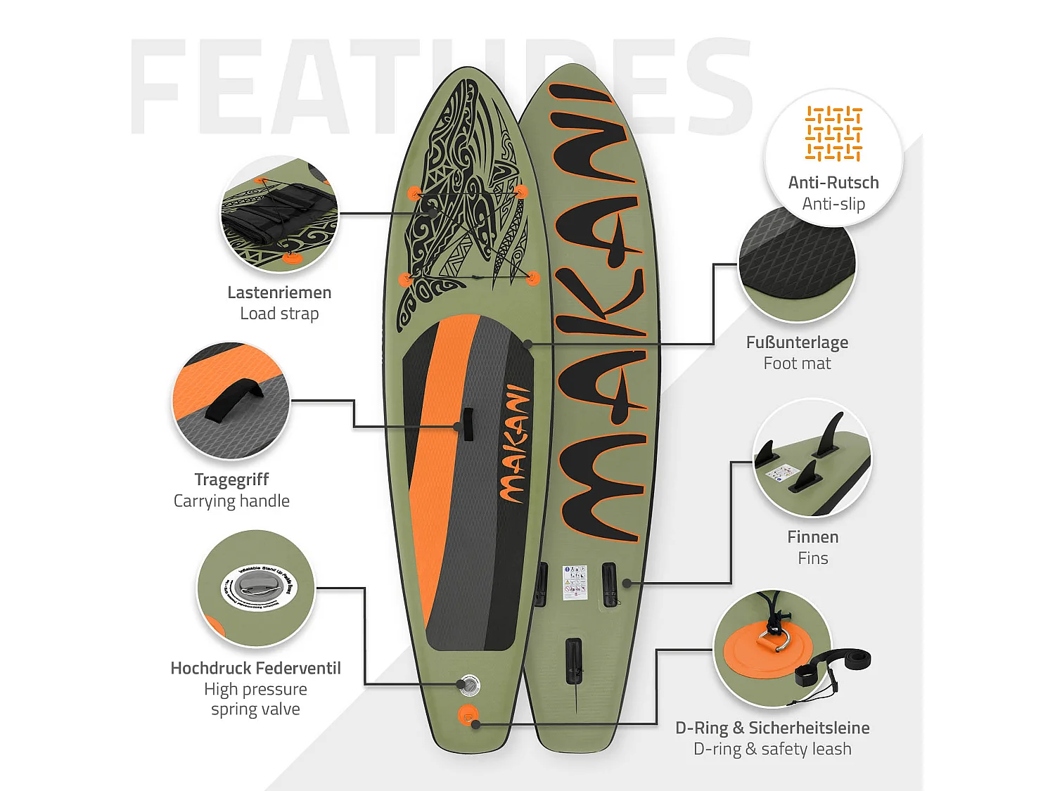 Planche stand up Makani 320x80x15 cm olive PVC gonflable jusqu'à 120kg revêtement antidérapant avec pompe sac de transport kit de réparation pagaie