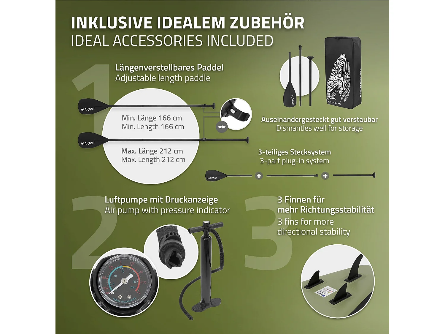 Planche stand up Makani 320x80x15 cm olive PVC gonflable jusqu'à 120kg revêtement antidérapant avec pompe sac de transport kit de réparation pagaie