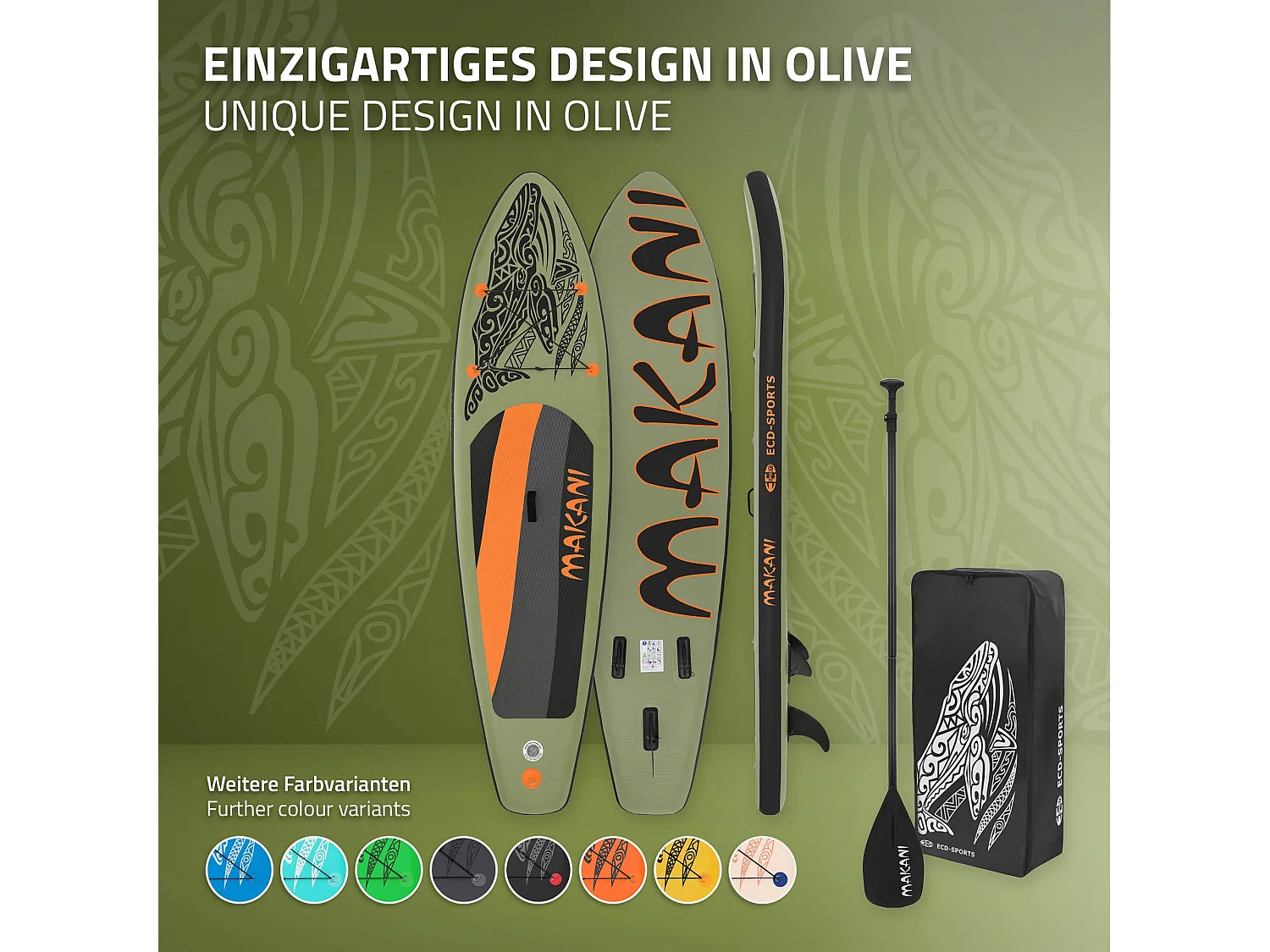Planche stand up Makani 320x80x15 cm olive PVC gonflable jusqu'à 120kg revêtement antidérapant avec pompe sac de transport kit de réparation pagaie