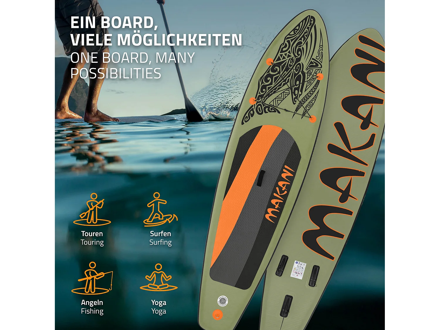 Planche stand up Makani 320x80x15 cm olive PVC gonflable jusqu'à 120kg revêtement antidérapant avec pompe sac de transport kit de réparation pagaie