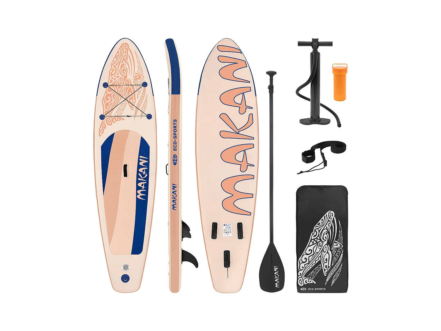 Planche stand up Makani 320x80x15 cm abricot PVC gonflable jusqu'à 120kg revêtement antidérapant avec pompe sac de transport kit de réparation pagaie