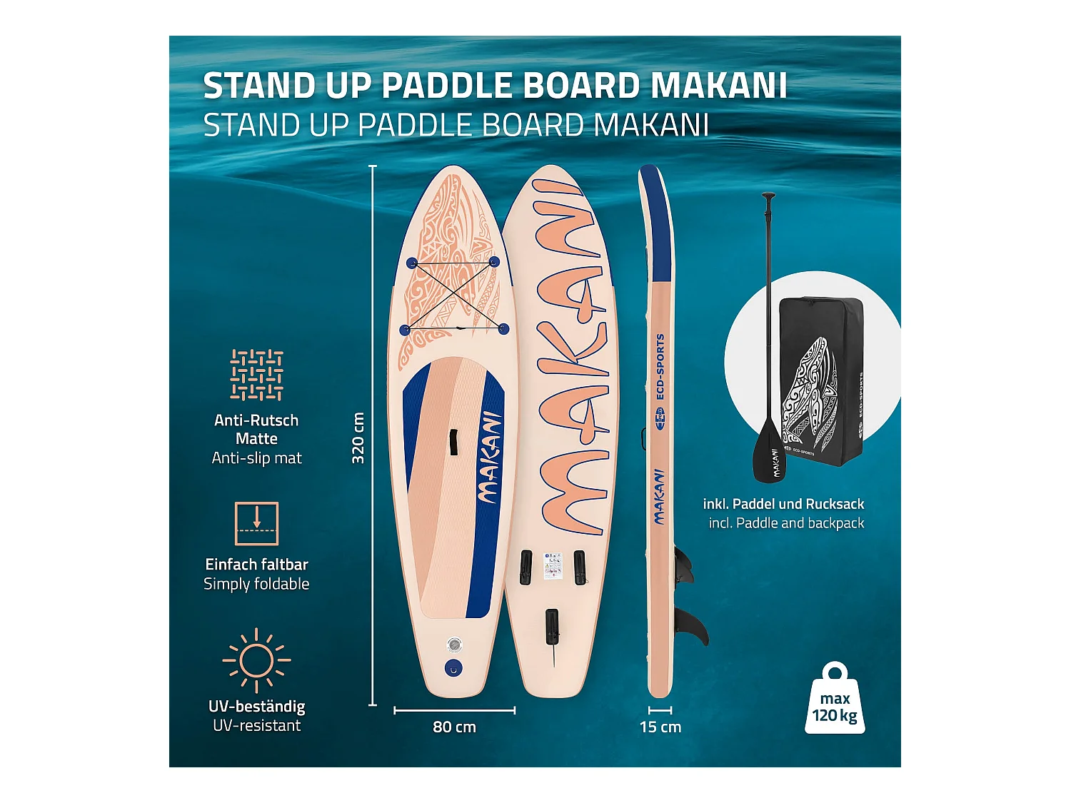 Planche stand up Makani 320x80x15 cm abricot PVC gonflable jusqu'à 120kg revêtement antidérapant avec pompe sac de transport kit de réparation pagaie