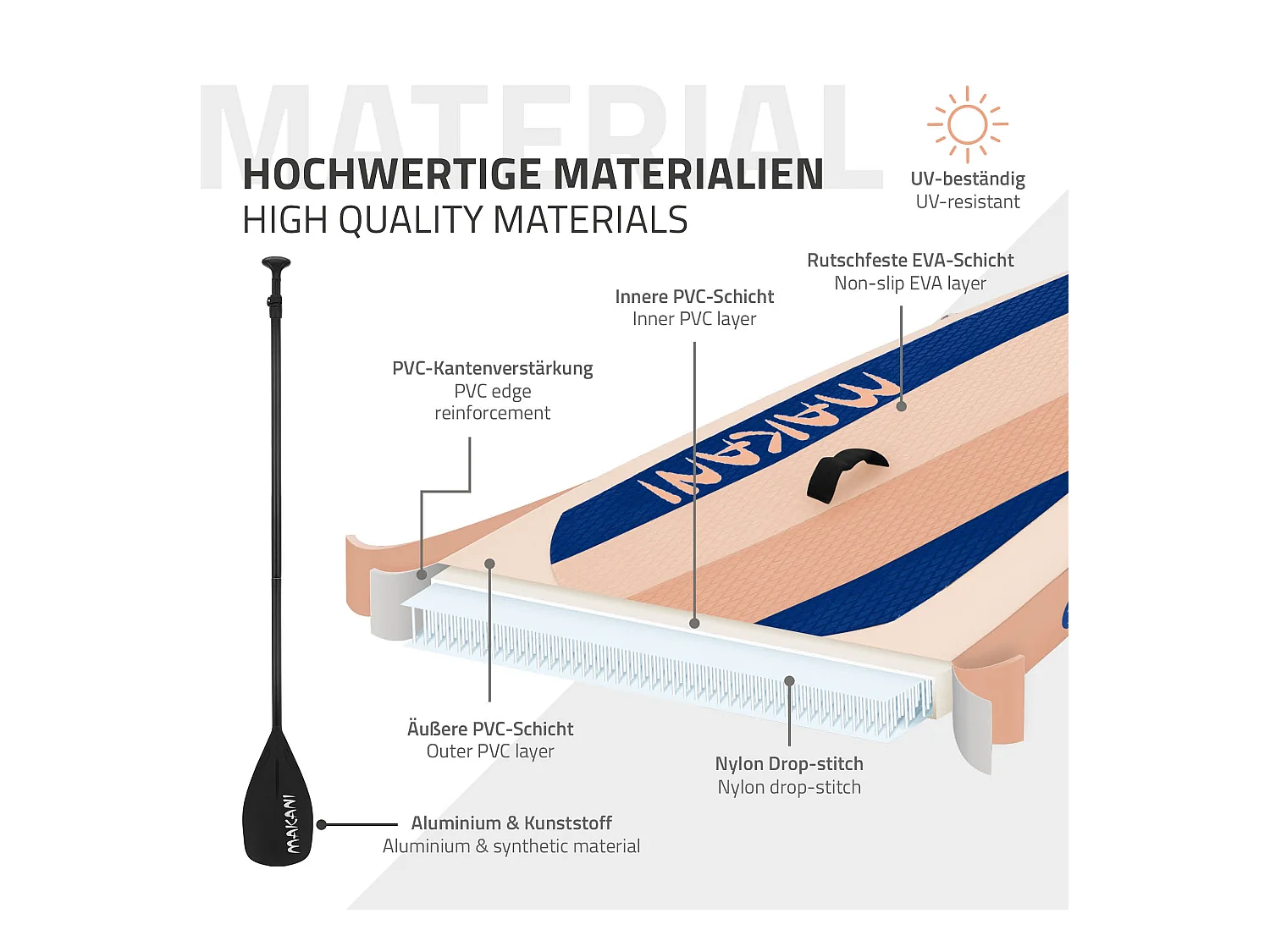 Planche stand up Makani 320x80x15 cm abricot PVC gonflable jusqu'à 120kg revêtement antidérapant avec pompe sac de transport kit de réparation pagaie