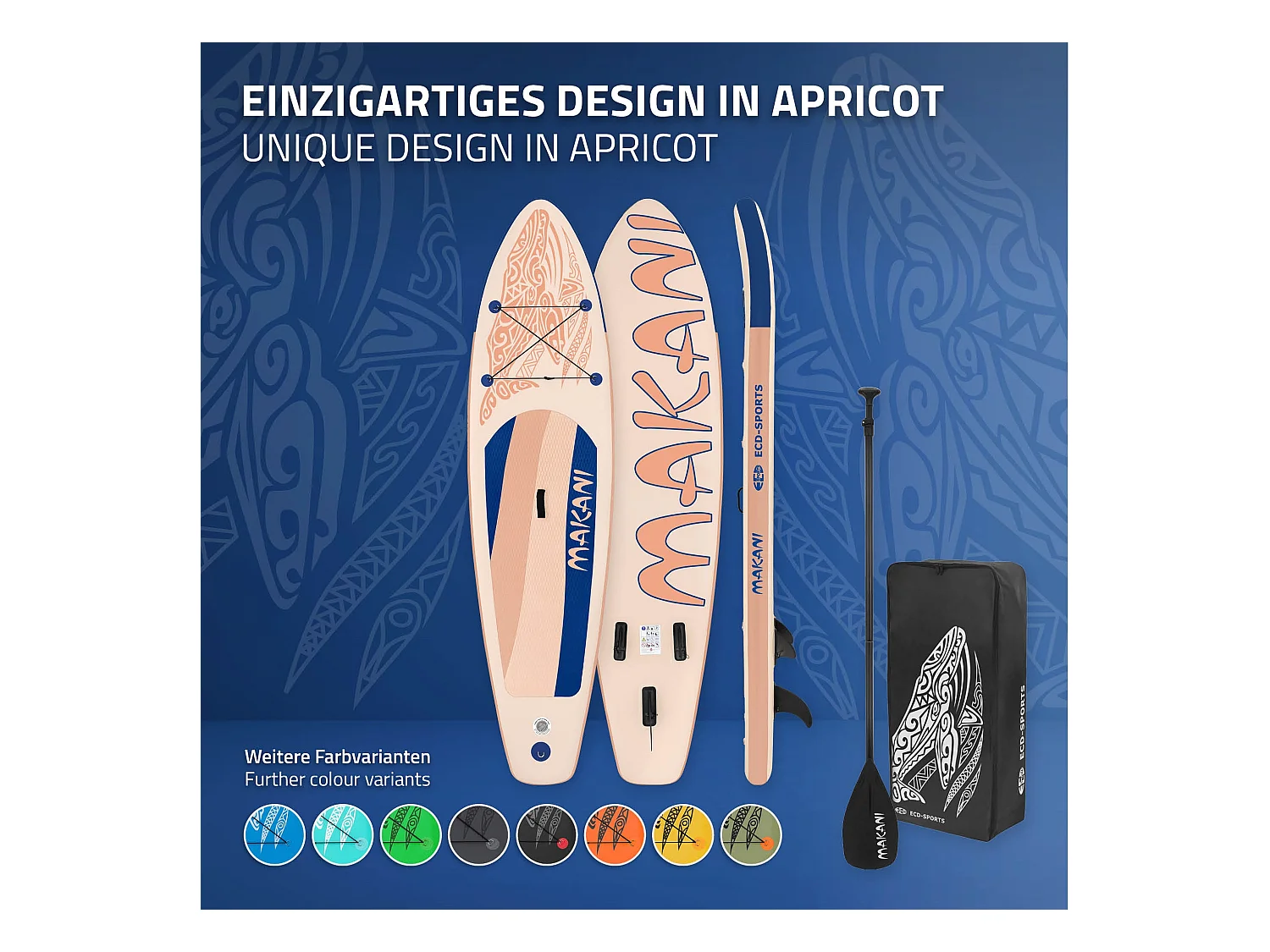 Planche stand up Makani 320x80x15 cm abricot PVC gonflable jusqu'à 120kg revêtement antidérapant avec pompe sac de transport kit de réparation pagaie