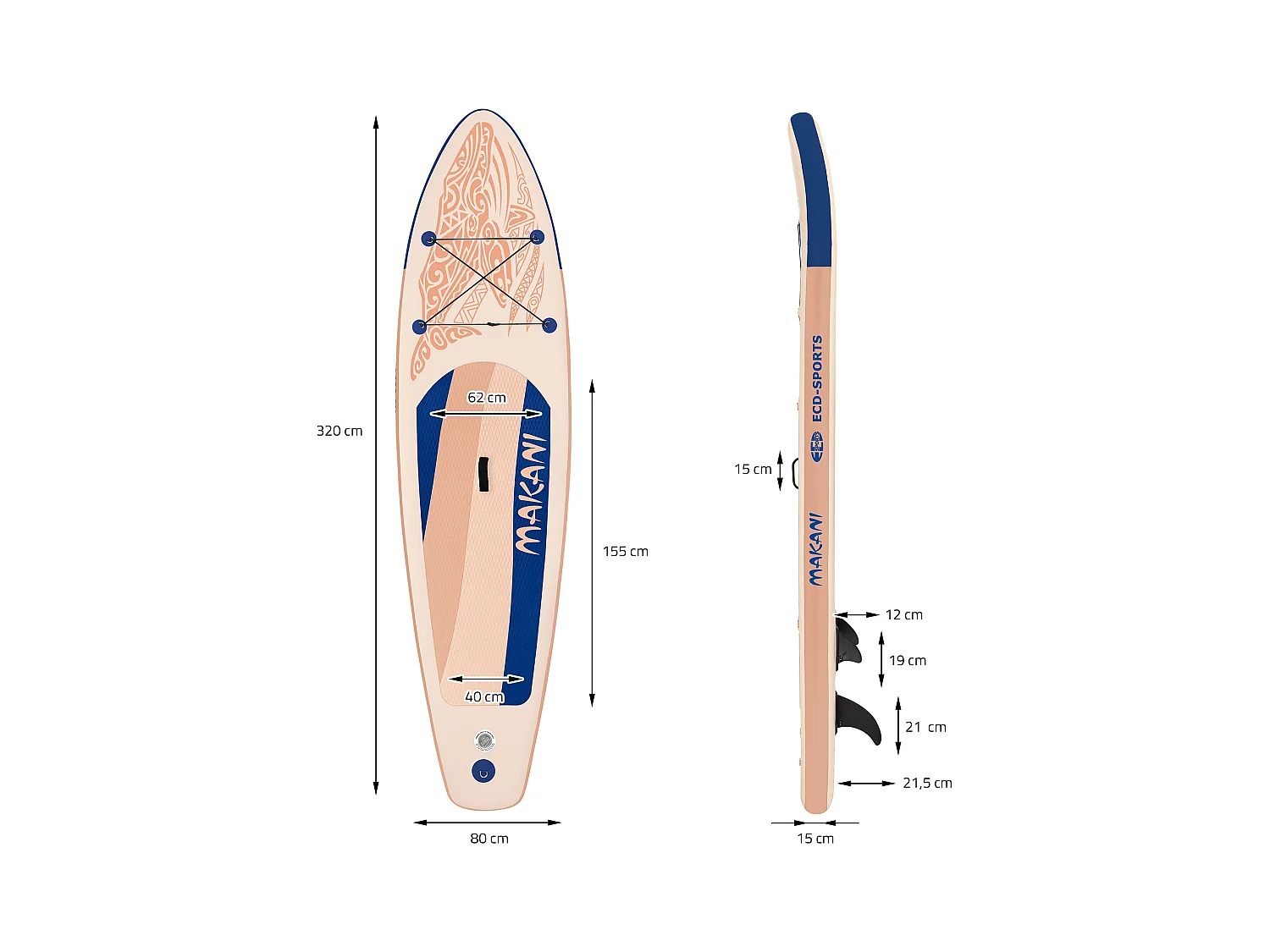 Planche stand up Makani 320x80x15 cm abricot PVC gonflable jusqu'à 120kg revêtement antidérapant avec pompe sac de transport kit de réparation pagaie