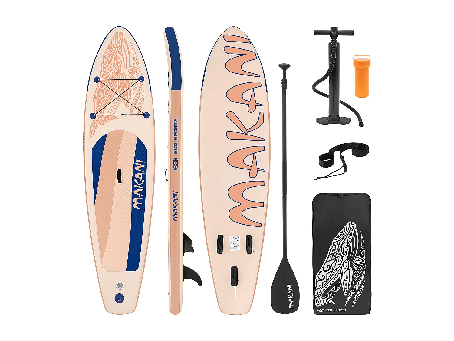 ECD Germany Tabla hinchable de paddle surf SUP Makani 320 x 80 x 15 cm de PVC color albaricoque con bomba de aire, bolsa de transporte y accesorios