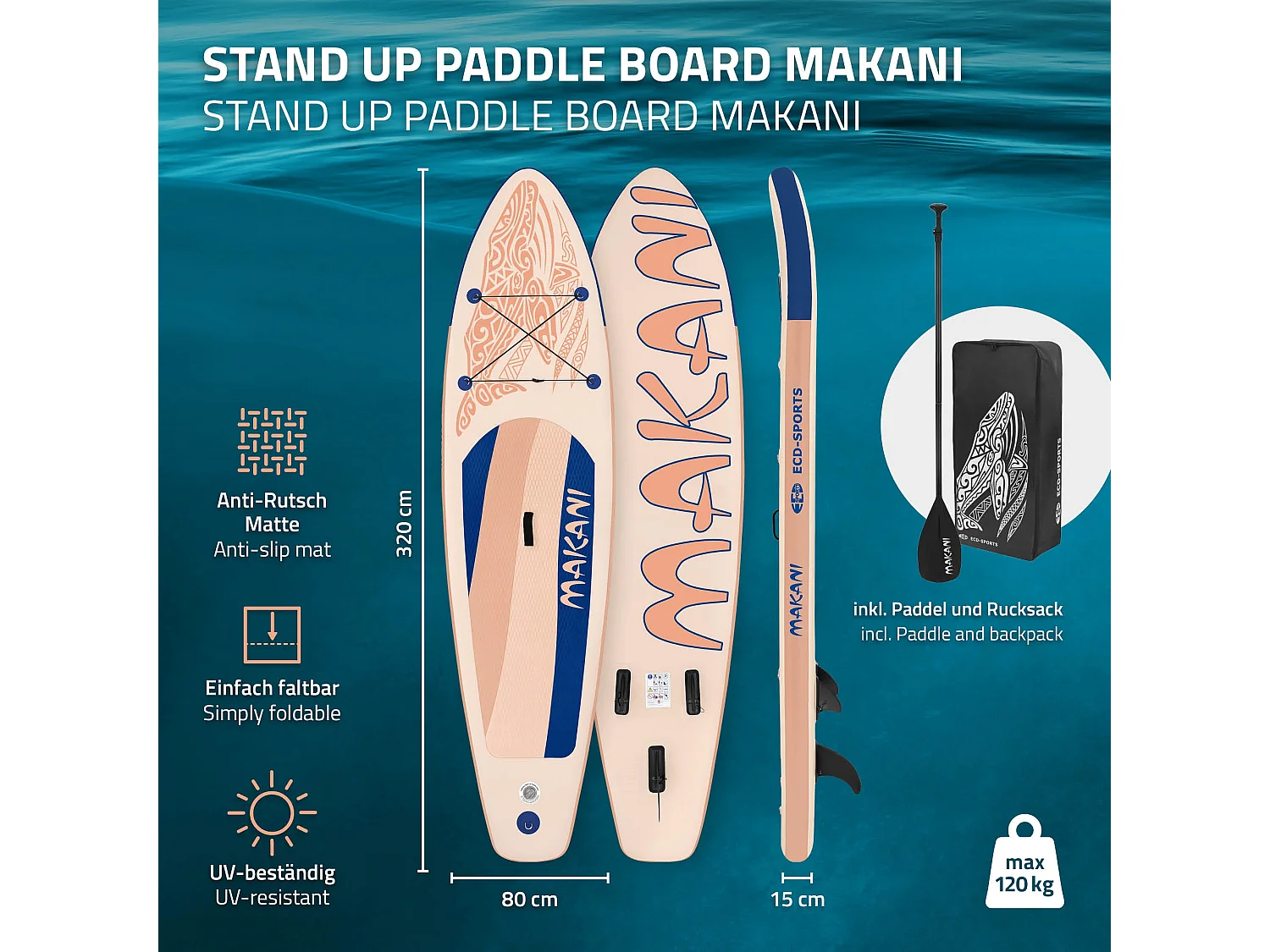 ECD Germany Tabla hinchable de paddle surf SUP Makani 320 x 80 x 15 cm de PVC color albaricoque con bomba de aire, bolsa de transporte y accesorios