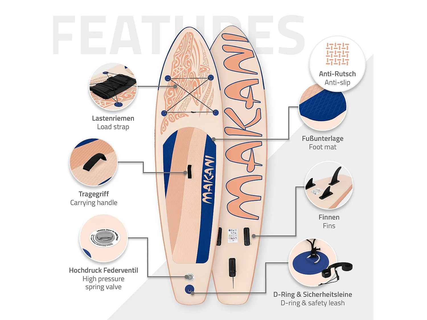 ECD Germany Tabla hinchable de paddle surf SUP Makani 320 x 80 x 15 cm de PVC color albaricoque con bomba de aire, bolsa de transporte y accesorios
