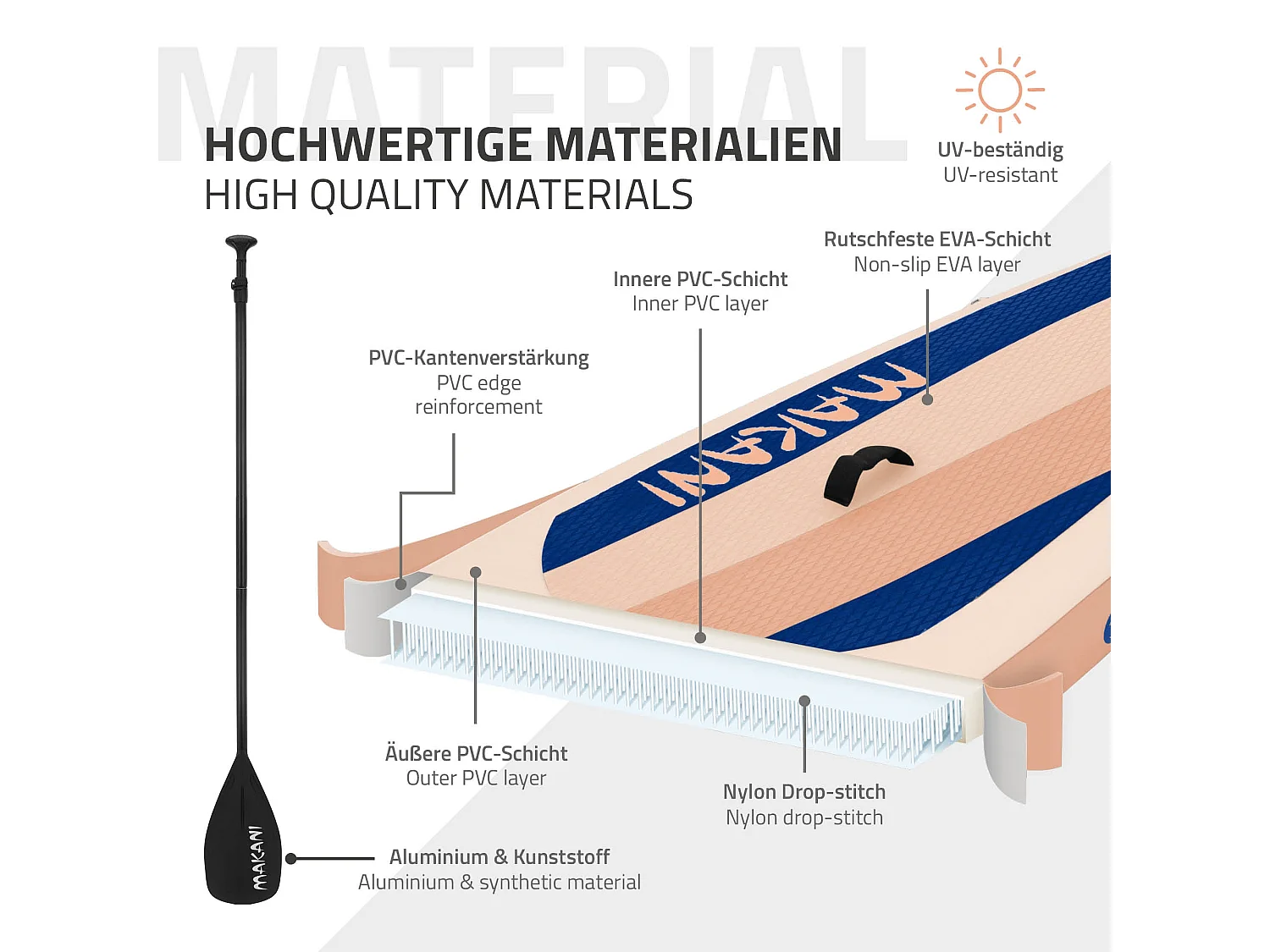 ECD Germany Tabla hinchable de paddle surf SUP Makani 320 x 80 x 15 cm de PVC color albaricoque con bomba de aire, bolsa de transporte y accesorios