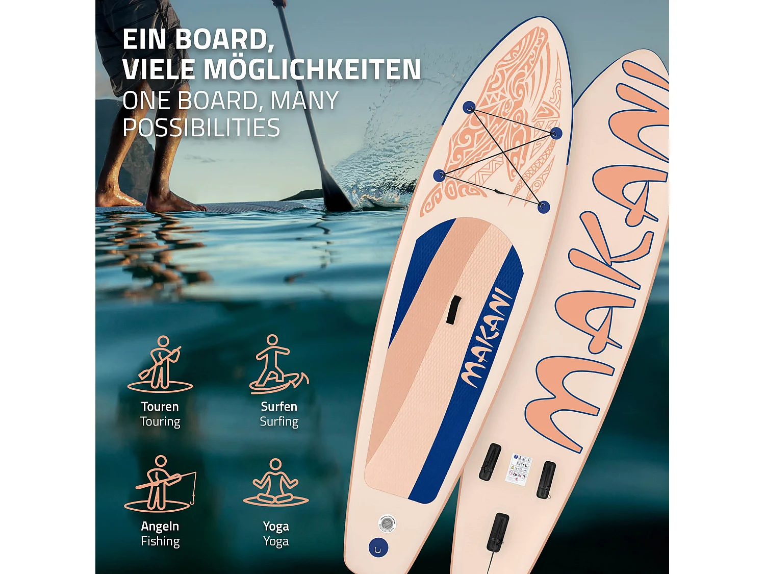 ECD Germany Tabla hinchable de paddle surf SUP Makani 320 x 80 x 15 cm de PVC color albaricoque con bomba de aire, bolsa de transporte y accesorios