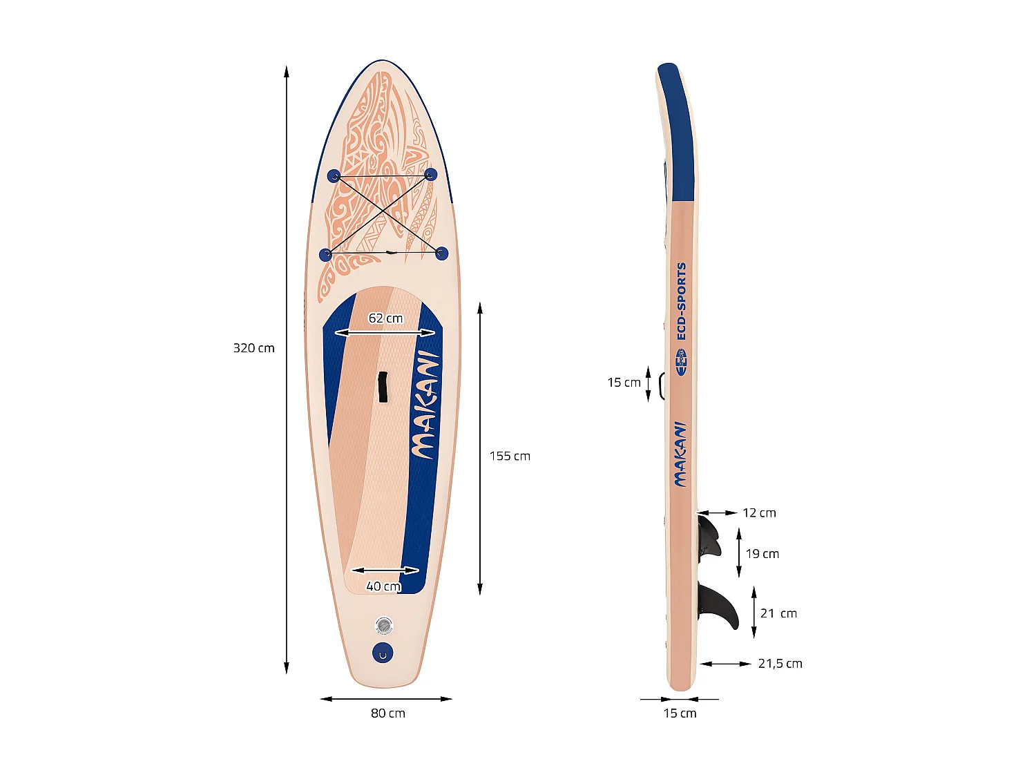 ECD Germany Tabla hinchable de paddle surf SUP Makani 320 x 80 x 15 cm de PVC color albaricoque con bomba de aire, bolsa de transporte y accesorios
