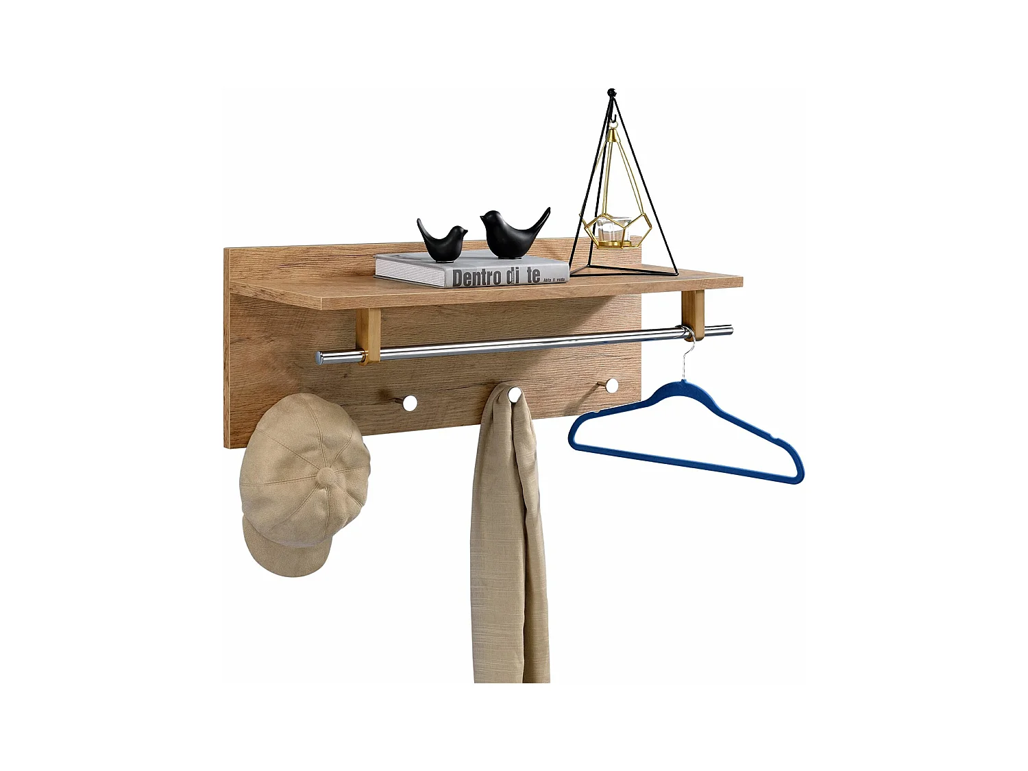 Porte-manteaux mural ULF penderie murale avec 1 étagère de rangement 1 tringle 4 patères crochets métal chromé, décor chêne sauvage